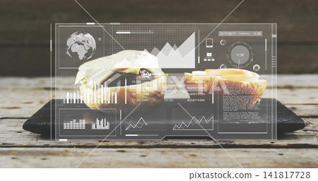 Showing two glazed pastries resting on slate board atop wood tabletop, HUD showing charts map clock Showing two glazed pastries resting on slate board atop wood tabletop, HUD showing charts map clock 141817728