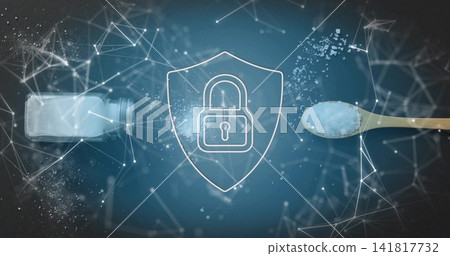Glowing shield with lock on studio blue backdrop, network overlay, salt spilling left, spoon right Glowing shield with lock on studio blue backdrop, network overlay, salt spilling left, spoon right 141817732