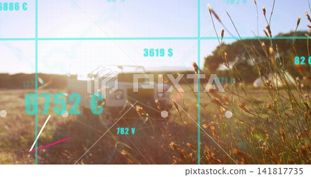 Displaying off-road SUV sitting on dirt track in countryside, with seedhead grasses and cyan HUD 141817735