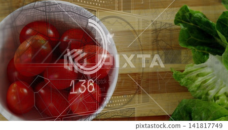 Showing white bowl holding red tomatoes left on cutting board with lettuce, HUD 136 overlays Showing white bowl holding red tomatoes left on cutting board with lettuce, HUD 136 overlays 141817749