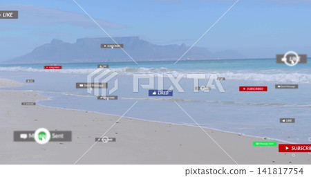 Overlaying sandy shore with wet sand and shallow surf, showing badges, cursor arrow and headland Overlaying sandy shore with wet sand and shallow surf, showing badges, cursor arrow and headland 141817754