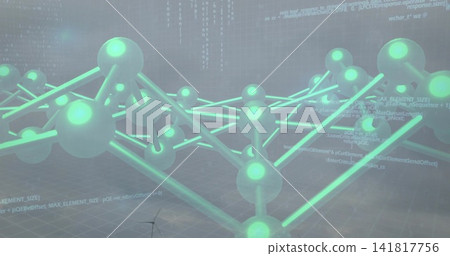 Displaying glowing teal nodes and lit rods forming lattice above hazy seascape with code, turbine Displaying glowing teal nodes and lit rods forming lattice above hazy seascape with code, turbine 141817756