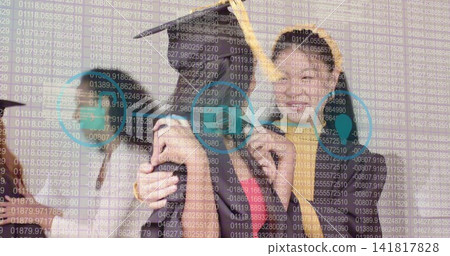 Laughing five women leaning in living room, showing numeric overlay with teal HUD and yellow hoodie Laughing five women leaning in living room, showing numeric overlay with teal HUD and yellow hoodie 141817828