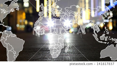 Hovering central world map overlay across headlights, reflecting on wet street at night, lens flare Hovering central world map overlay across headlights, reflecting on wet street at night, lens flare 141817837