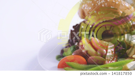 Showing white plate with red-green lettuce, tomato wedge, green pods, olives, HUD overlay in studio Showing white plate with red-green lettuce, tomato wedge, green pods, olives, HUD overlay in studio 141817850