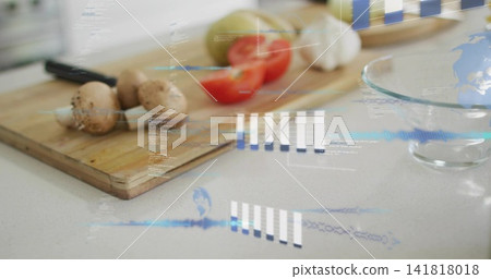 Showing wooden board with mushrooms tomato garlic knife and glass bowl on kitchen counter with HUD Showing wooden board with mushrooms tomato garlic knife and glass bowl on kitchen counter with HUD 141818018