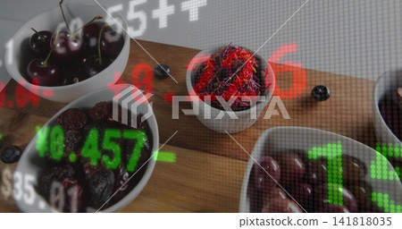 Displaying white ceramic bowls of cherries on wood board on gray tabletop with stock ticker overlay Displaying white ceramic bowls of cherries on wood board on gray tabletop with stock ticker overlay 141818035