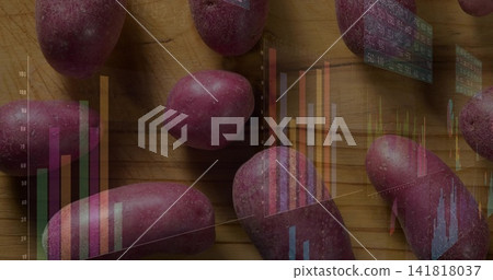 Displaying cluster of red-skinned potatoes resting on wooden cutting board, with holographic charts Displaying cluster of red-skinned potatoes resting on wooden cutting board, with holographic charts 141818037