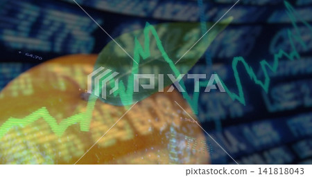 Showing orange with green leaf glowing through translucent market line chart on blue monitor, ticks Showing orange with green leaf glowing through translucent market line chart on blue monitor, ticks 141818043