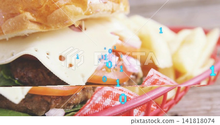 Showing cheeseburger with Swiss cheese and fries in red checkered basket on wooden table, glitching Showing cheeseburger with Swiss cheese and fries in red checkered basket on wooden table, glitching 141818074
