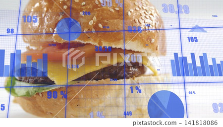 Showing sesame burger cutaway in studio closeup with cheddar tomato lettuce beef patty blue charts Showing sesame burger cutaway in studio closeup with cheddar tomato lettuce beef patty blue charts 141818086