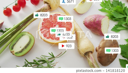 Showing halved grapefruit centered on white table with kiwi, cherry tomatoes, parsnip, social tags Showing halved grapefruit centered on white table with kiwi, cherry tomatoes, parsnip, social tags 141818120