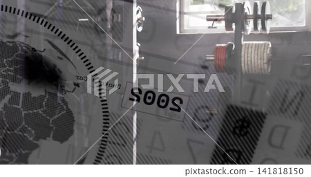 Showing gym rack holding stacked plates with red plate near barbell window graphics, copy space Showing gym rack holding stacked plates with red plate near barbell window graphics, copy space 141818150