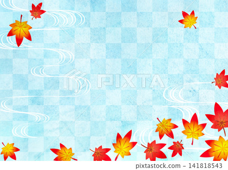 Flowing water, autumn leaves, and checkered pattern: Watercolor-style Japanese background Flowing water, autumn leaves, and checkered pattern: Watercolor-style Japanese background 141818543