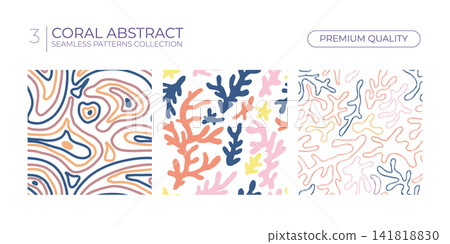 Three coral seamless patterns with abstract marine shapes and lines Three coral seamless patterns with abstract marine shapes and lines 141818830