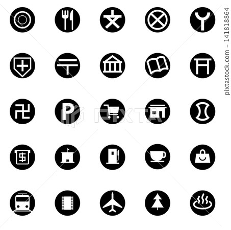 A set of black circular icon materials for guiding visitors to facilities on a map. A set of black circular icon materials for guiding visitors to facilities on a map. 141818864