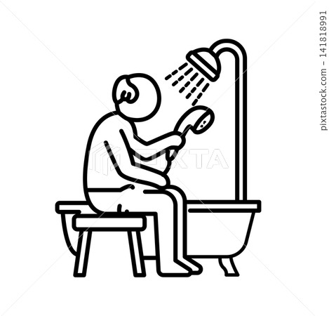 Minimalist line icon of an elderly person sitting on a shower bench while being assisted with washing by a caregiver, highlighting bathroom safety and personal hygiene. Minimalist line icon of an elderly person sitting on a shower bench while being assisted with washing by a caregiver, highlighting bathroom safety and personal hygiene. 141818991