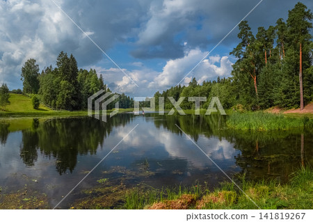 Eco tourism concept. Scenic summer landscape of pristine Oredezh river in Leningrad region, Russia. 141819267