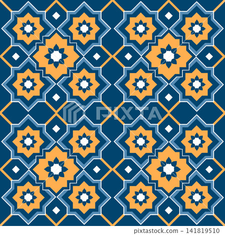Geometric Islamic Seamless Pattern with arabic geometric ornament in blue and yellow colors. Background. 141819510