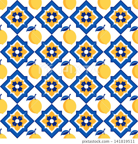 Mediterranean Lemon Geometric Seamless Pattern in blue and yellow colors. Background. 141819511