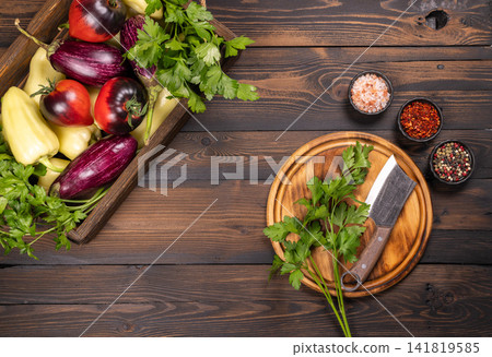 Fresh vegetables, herbs, and spices preparing for cooking Fresh vegetables, herbs, and spices preparing for cooking 141819585