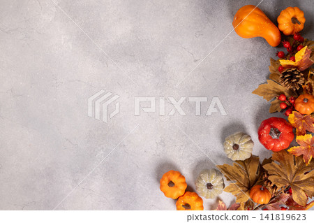 Autumn harvest pumpkins and leaves creating border on gray background Autumn harvest pumpkins and leaves creating border on gray background 141819623