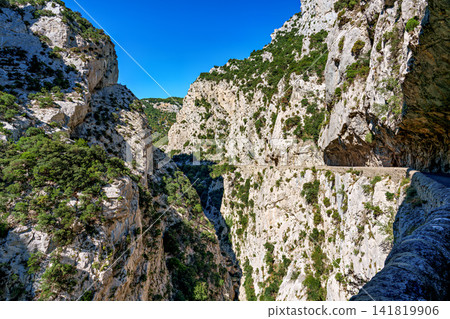 The amazing Gorges de Galamus, Galamus Gorge, Aude, Eastern Pyrenees - Languedoc Roussillon, France. The amazing Gorges de Galamus, Galamus Gorge, Aude, Eastern Pyrenees - Languedoc Roussillon, France. 141819906