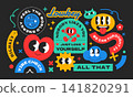 Funny vintage collection stickers. Gen z and millenials word quotes slang. Abstract character art design. Y2k vibrant style. Vector set isolated background. 141820291