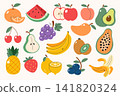 Set of colorful fruits collection. Natural organic fruits. Tropical fruits and berries. Orange, watermelon, avocado, pineapple, banana, kiwi, peach, cherry.  141820324