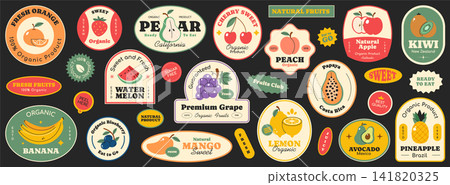 Set of seasonal fruits collection. Different phrases and words. Colorful stickers, patch, badge, pin of various fruits. Set of seasonal fruits collection. Different phrases and words. Colorful stickers, patch, badge, pin of various fruits. 141820325