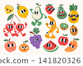 Funny fruits character collection. Seasonal fruits emoji face. Stickers cute fruits in different emoji expression in y2k style. 141820326