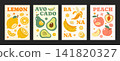Different variations of poster fruits. Design layout fruits flyer. Lemon, avocado, banana, peach, healthy seasonal fruits. 141820327
