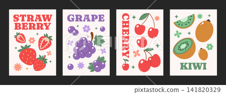 Different variations of poster fruits. Design layout fruits flyer. Strawberry, grape, cherry, kiwi, healthy seasonal fruits. Different variations of poster fruits. Design layout fruits flyer. Strawberry, grape, cherry, kiwi, healthy seasonal fruits. 141820329