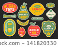 Set of seasonal fruits collection. Different phrases and words. Colorful stickers, patch, badge, pin of various fruits. 141820330