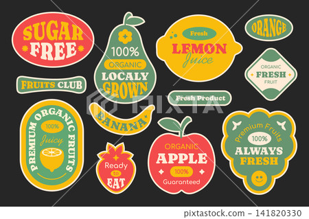 Set of seasonal fruits collection. Different phrases and words. Colorful stickers, patch, badge, pin of various fruits. Set of seasonal fruits collection. Different phrases and words. Colorful stickers, patch, badge, pin of various fruits. 141820330