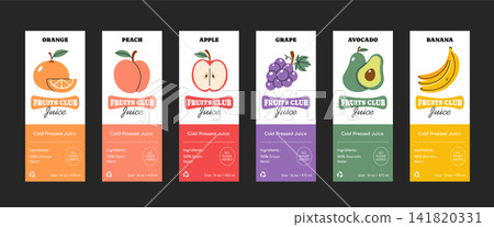 Fruits label templates. Set of fruit juice packaging design layout. Various fruits flavour vertical banner Fruits label templates. Set of fruit juice packaging design layout. Various fruits flavour vertical banner 141820331
