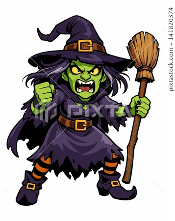 Vector illustration of an angry green cartoon witch with a flying broomstick for Halloween. Vector illustration of an angry green cartoon witch with a flying broomstick for Halloween. 141820374