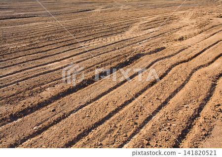 Texture brown yellow clay earth with traces of cars, trucks, tractors. Road with tire tracks. Texture brown yellow clay earth with traces of cars, trucks, tractors. Road with tire tracks. 141820521