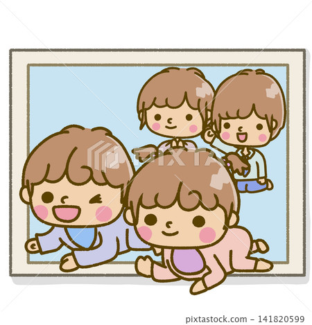 A photographic illustration of crawling twin babies and their parents watching over them. A photographic illustration of crawling twin babies and their parents watching over them. 141820599