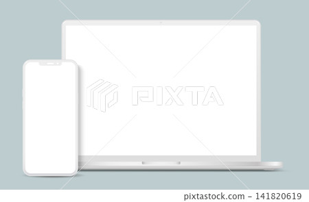 Modern laptop front view and smartphone clay mockup isolated Modern laptop front view and smartphone clay mockup isolated 141820619