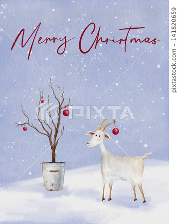 Christmas Greeting Card featuring a holiday decorated goat in a snowy landscape. Watercolor illustration symbol animal 2027 year with red ball and bare tree in galvanized metal bucket Christmas Greeting Card featuring a holiday decorated goat in a snowy landscape. Watercolor illustration symbol animal 2027 year with red ball and bare tree in galvanized metal bucket 141820659
