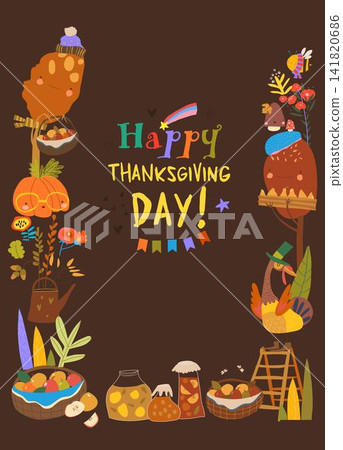 Cute Thanksgiving Frame Composed of Funny Turkeys and Harvest Cute Thanksgiving Frame Composed of Funny Turkeys and Harvest 141820686