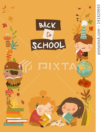 Cute Floral Frame Composed of Happy Children with School Equipment. Back to School Cute Floral Frame Composed of Happy Children with School Equipment. Back to School 141820693