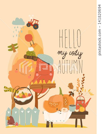 Still Life With Cartoon Trees, Harvest Pumpkin and Autumn Elements Still Life With Cartoon Trees, Harvest Pumpkin and Autumn Elements 141820694