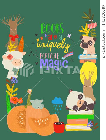 Cartoon Autumn Frame With Animals Sitting On Stacks Of Books Cartoon Autumn Frame With Animals Sitting On Stacks Of Books 141820697
