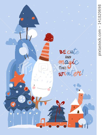 Cartoon Winter Landscape With Little Village and Christmas Tree Cartoon Winter Landscape With Little Village and Christmas Tree 141820698