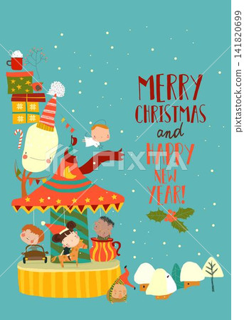 Cute Cartoon Christmas Frame With Children riding Merry-go-Round Cute Cartoon Christmas Frame With Children riding Merry-go-Round 141820699