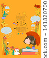Cute Autumn Frame With Girl Sitting Under Umbrella and Listening Music in the Headphones in the Rain 141820700