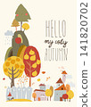 Cartoon Autumn Landscape With Little Village and Cute Trees 141820702