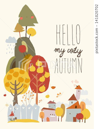 Cartoon Autumn Landscape With Little Village and Cute Trees Cartoon Autumn Landscape With Little Village and Cute Trees 141820702